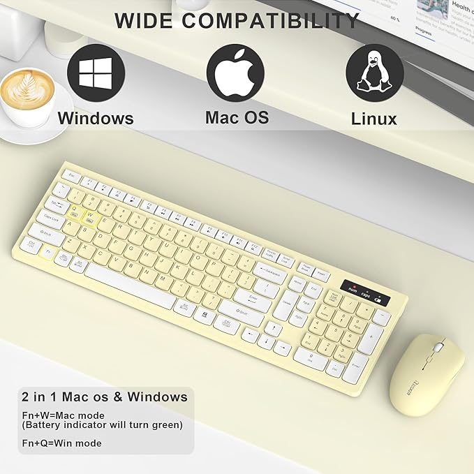 Wireless Keyboard and Mouse Combo Silent for Office and Home(Canary Yellow) | 2.4G Full Size Silent Cordless Keyboard with Tilt Legs,3-Level DPI Quiet Mouse,for Windows/Mac OS/Desktop/Laptop/PC - Image 7