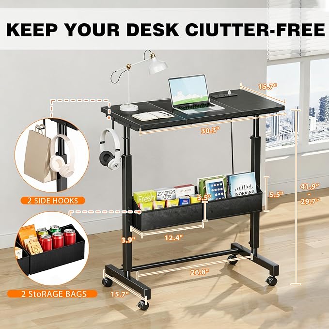 Small Mobile Standing Desk: 5-in-1 Charging Station - Power 5 Devices | Move & Charge in Any Room, Sit-Stand or Walk While Working, Store Supplies in Side Bags, Fits Small Spaces & Treadmills - Image 5