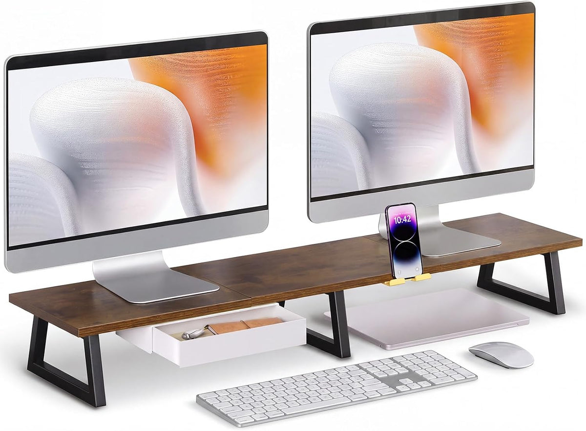 TEAMIX 42 inch Dual Monitor Stand Riser with Storage Drawer for Desk, Brown by TEAMIX