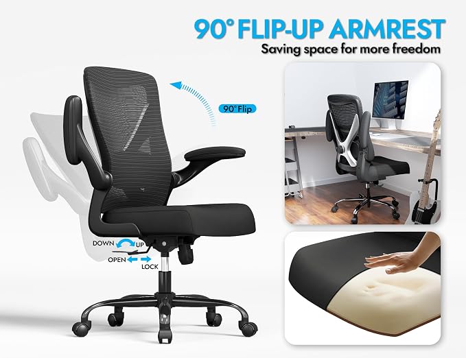 Office Chair: Mesh Ergonomic Desk Chair with 3D Lumbar & Swivel | 330LBS Computer Chair-Executive Task Chairs with Flip-up Arms Home Office Chairs Gaming Chair for Long Hours(Black-Pack of 6) - Image 4