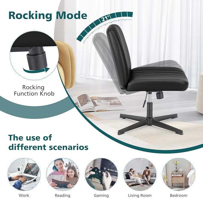 OLIXIS Criss Cross Chair, Vanity Chair, Home Office Desk | Armless No Wheels Wide Seat, Height Adjustable Swivel, Padded PU Leather, Bedroom Student Study, Black Dual Base - Image 6