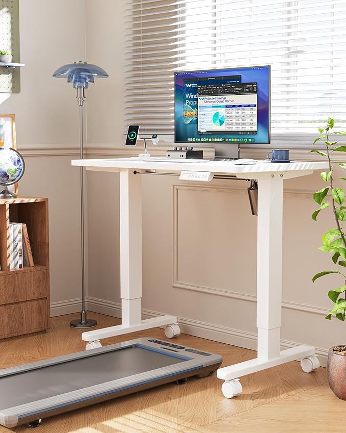 HUANUO Electric Small Standing Desk, Whole Piece Desktop, Adjustable Height Computer Desk, 4 Height Memory Settings, Sit Stand Up Desk for Home Office, 35" x 20", White - Image 2