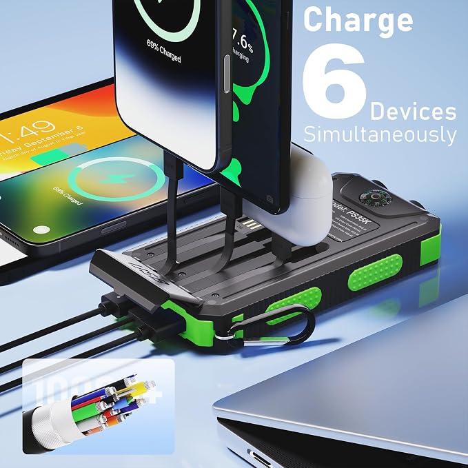 Solar Charger Power Bank 20,000mAh, Portable Charger, 4 Cables 3 Ports Fast Charging External Battery Pack with USB C for Cell Phones, Solar Panel Charger with Dual Flashlight for Camping Green - Image 5