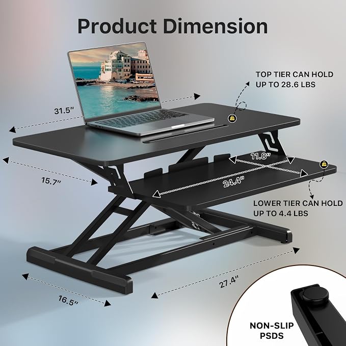 JOY worker Standing Desk Converter, 32" Height Adjustable Sit Stand Riser | Black Desktop Sit to Stand Riser with Fixed Keyboard Tray, Monitor and Laptop Workstation, Particle Board, for Home Office - Image 2