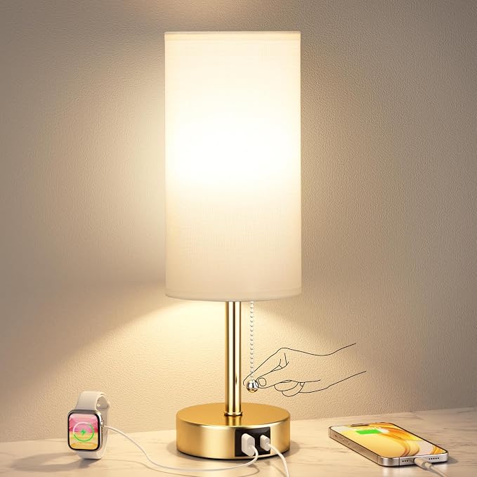 Gold Bedside Lamp for Bedroom Nightstand - Small Table Lamp with USB Ports | USB A+C Ports, 3 Color Temperatures, LED Bulb Included, White Fabric Shade, Gold Brass Metal Base, 14" Tall Desk Lamp - Image 9