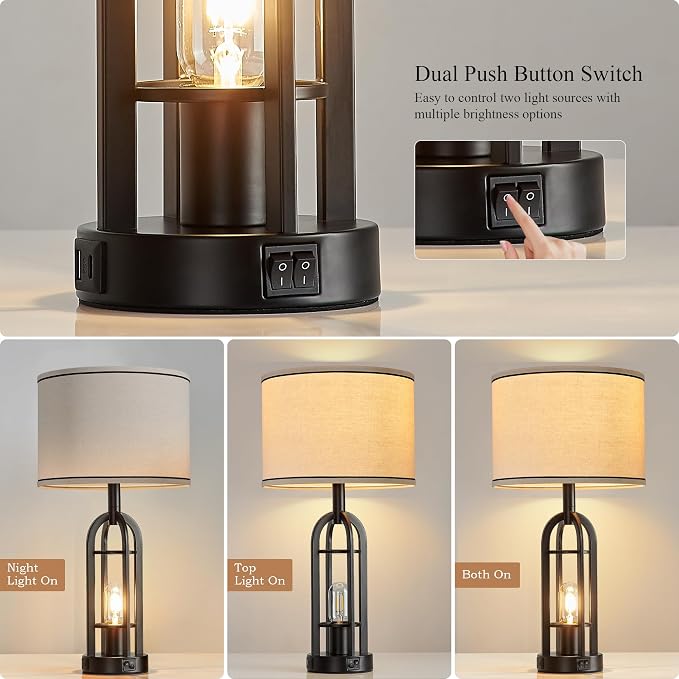 SRJJA Black Table Lamps for Living Room Set of 2 - Farmhouse Industrial Lamps for Night Stands with Night Light & USB A+C, 24" Rustic Bedside Lamp for Bedroom, Bulbs Included - Image 2