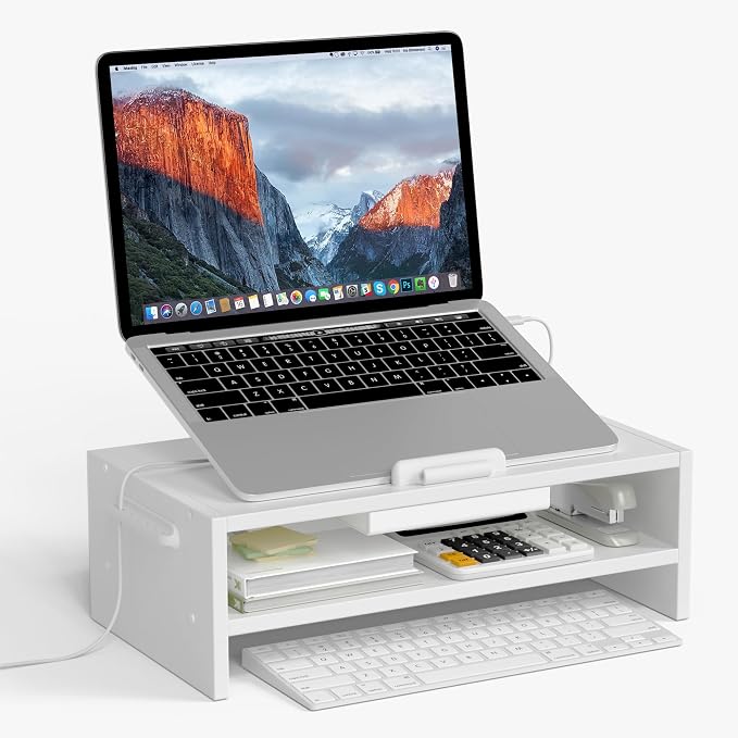 AFOOYO Adjustable Wood Laptop Stand, Ergonomic Height Angles Computer Holder Riser for Desk Compatible with Air, Pro, Dell, HP, Lenovo More 10-17.3" Laptops, White by AFOOYO