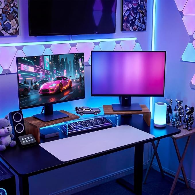 High-Clarity Dual Monitor Riser, Acrylic Monitor Riser, Adjustable Angle & Length Computer Monitor Stand, Wide Desk Shelf for Top of Desk for Home Office_Walnut Look Small - Image 2