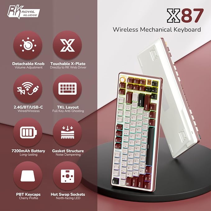 RK ROYAL KLUDGE X87 Gasket Mechanical Keyboard, 75% Wireless Gaming Keyboard with Touchable X-Plate & Volume Knob, Bluetooth/2.4GHz/Wired, Hot Swappable RGB Backlit (Red, Linear Cream Switch) - Image 2