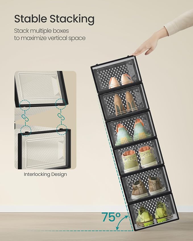 SONGMICS Shoe Boxes, Clear Plastic Sneaker Box, Pack of 18 | Stackable Shoe Storage Organizers, for Closet, 13.1 x 9.1 x 5.6 Inches, Transparent and Black, DENNYS Collection ULSP18SBKV1 - Image 3