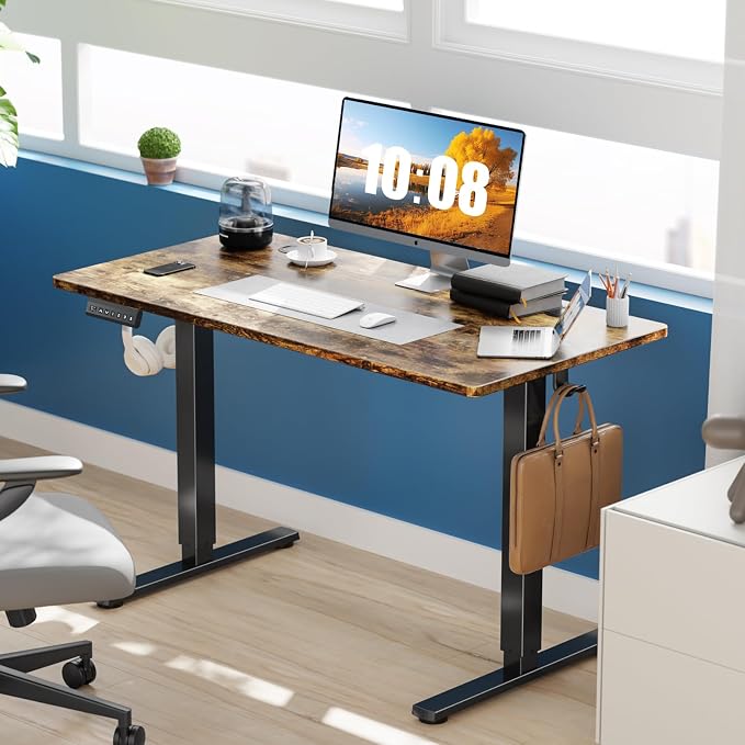DUMOS 47 Inch Electric Standing Desk, Memory Adjustable Home Office Desk | Sit Stand Up Desk for Work Home Office,Adjustable Desk, Rising Computer Table with Splice Board,Cable Management,Hook,Rust - Image 2
