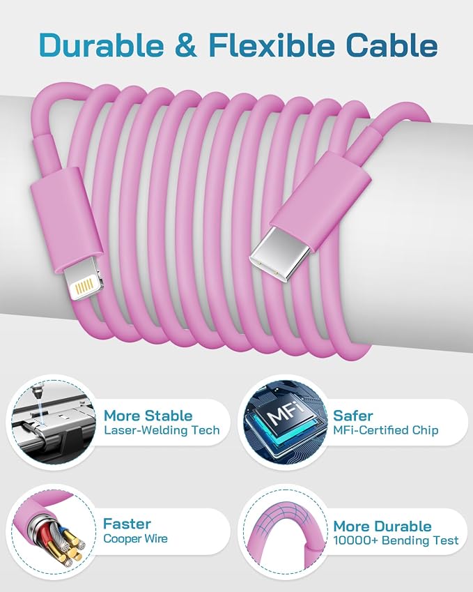 20W Fast Charger for iPhone 14/13/12 [3-Pack, MFi Certified] | USB-C PD power adapter with 10Ft cable, compatible with iPhone 14/13/12/11/Pro Max/Pro/Plus/Mini, iPad & more - Pink - Image 3