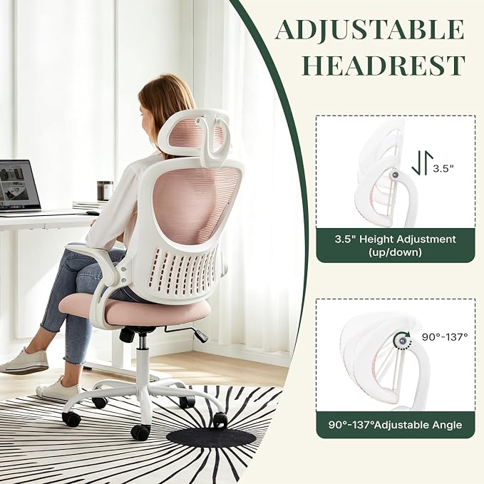 Ergonomic Desk Chair Comfy, Mesh Office Chair, for Home Office | Adjustable Headrests, Flip-up Arms, Breathable Mesh High-Back, Swivel Wheels, for Girls, Pink - Image 4