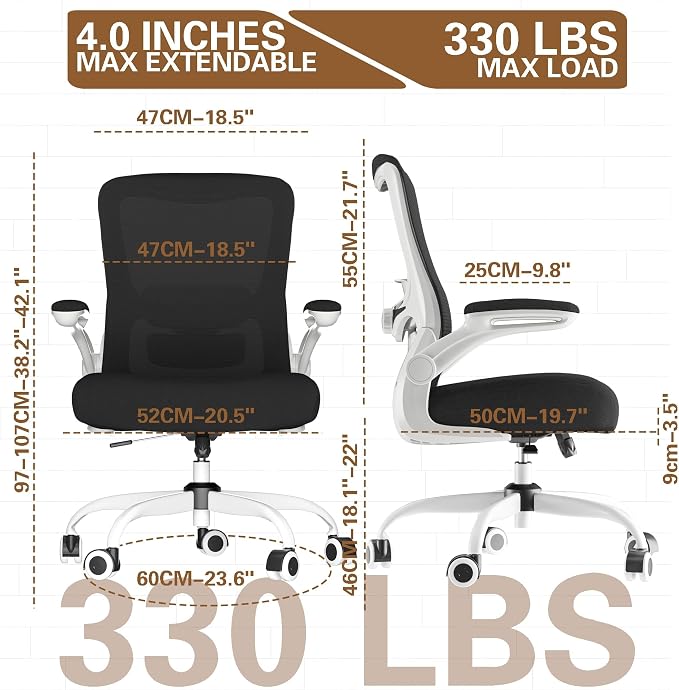 Ergonomic Office Chair for Long Hours, Adjustable Padded Lumbar Support for Lower Back Relief, 330 lb Capacity, Comfortable Computer Desk Chair for Home Office, Work & Study - Image 2