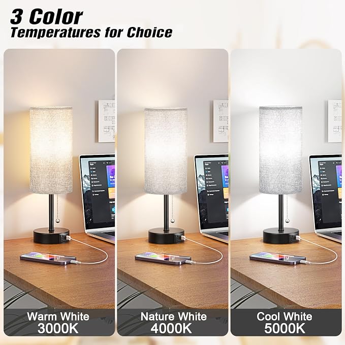 Grey Bedside Lamp for Bedroom Nightstand - Small Table Lamp Set of 2 | USB A+C Ports, 3 Color Temperatures, LED Bulb Included, Grey Fabric Shade, Black Base, 14" Tall Pull Chain Desk Lamp, 2-Pack - Image 6