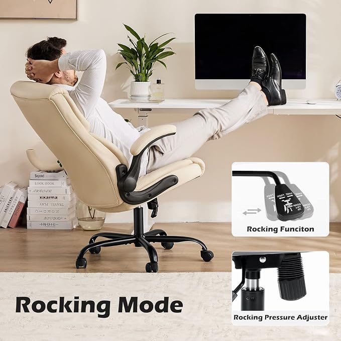 OLIXIS PU Leather Desk Chair, Ergonomic Office Chair, Flip-up Armrest | High Back, Swivel Rolling Wheels, Heavy Duty, 275lbs,Comfortable,Executive, White - Image 6
