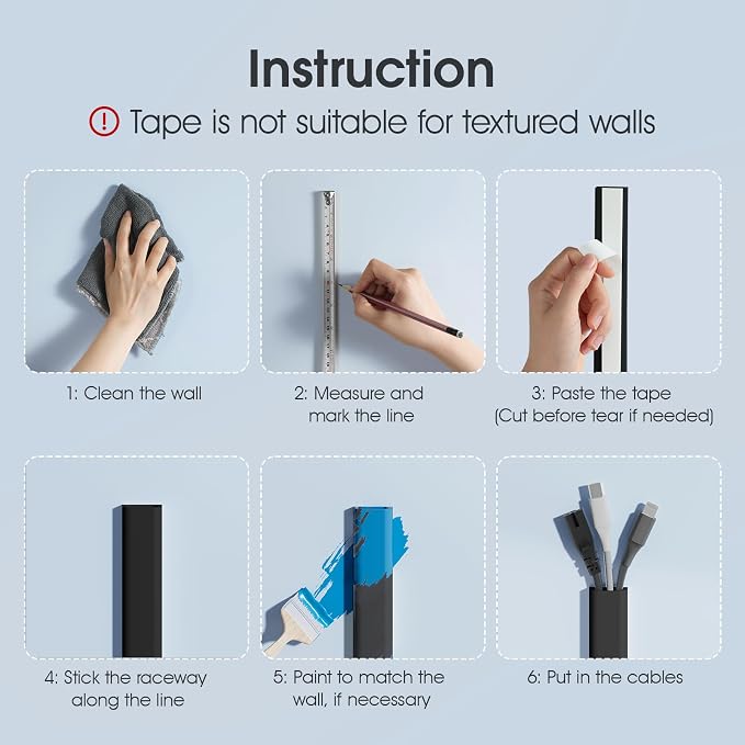Wire Covers for 2 Cords TV on Wall, 47in Paintable Cable Hider, Medium Cable Management Kit, Cord Hiding for Wall Black, W0.95in H0.47in - Image 8