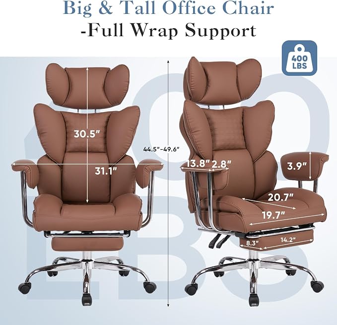 DUMOS Big and Tall Home Office Desk Chair, Executive Chair with Footrest | Scratch-Resistant PU Leather, Ergonomic Reclining, Pocket Spring Support, 400 LBS Weight Capacity, Brown - Image 7