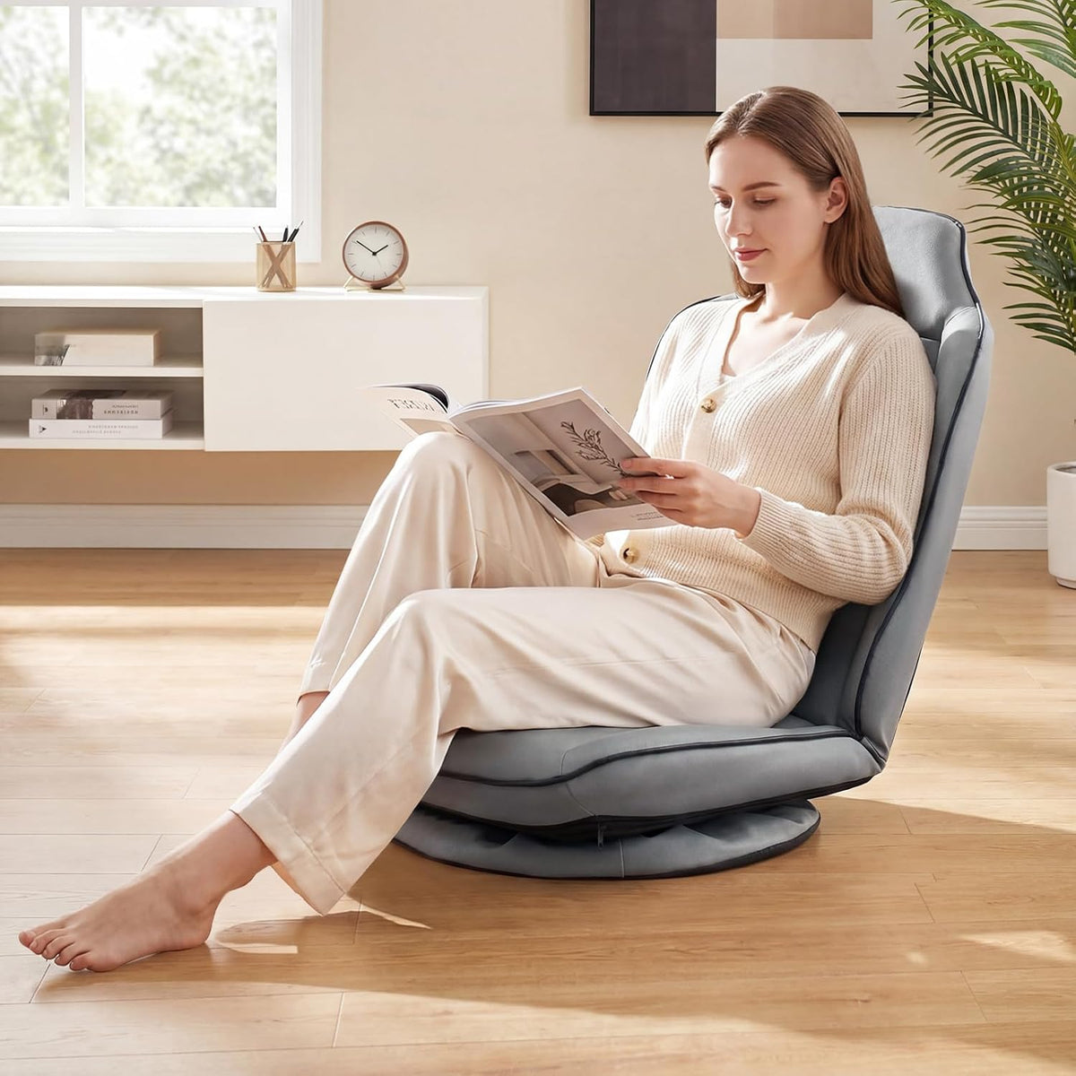 GIANTEX 360° Swivel Floor Gaming Chair with 5-Level Adjustable Backrest, Foldable Reclining Lounge Chair with Padded Seat Cushion, Lazy Floor Sofa for Reading, Working, Watching TV (Gray) - Image 2