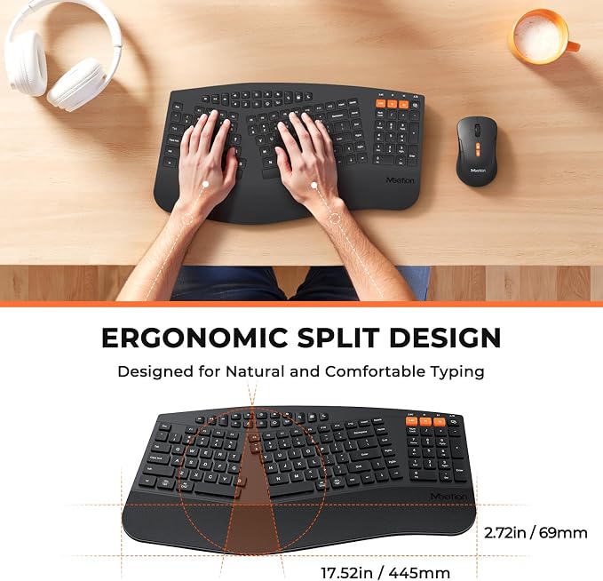 MEETION Ergonomic Split Keyboard and Mouse Combo, Bluetooth Wireless | Full-size keyboard with multi-device, adjustable 4 DPI mouse, designed for comfortable use with PC, laptop, tablet and Mac - Image 3