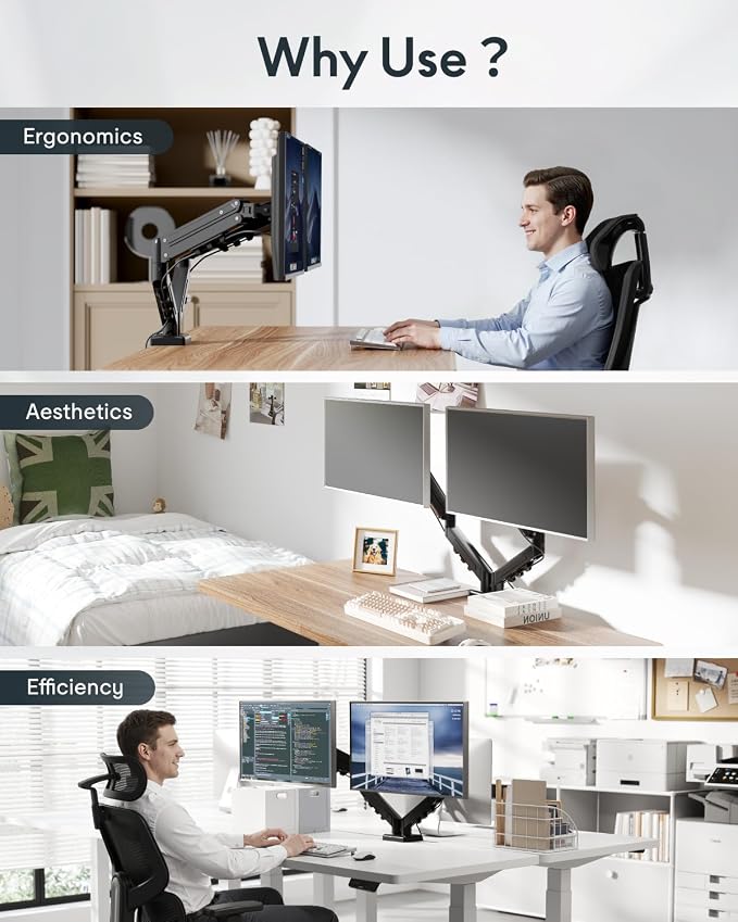 Flexispot Dual Monitor Arm, 17-32 Inch Monitor Mount up to 19.84 lbs, Fast Install VESA Mount for Home Office Gaming, Full Adjustable Gas Spring with C-Clamp and Grommet Base, Black - Image 6