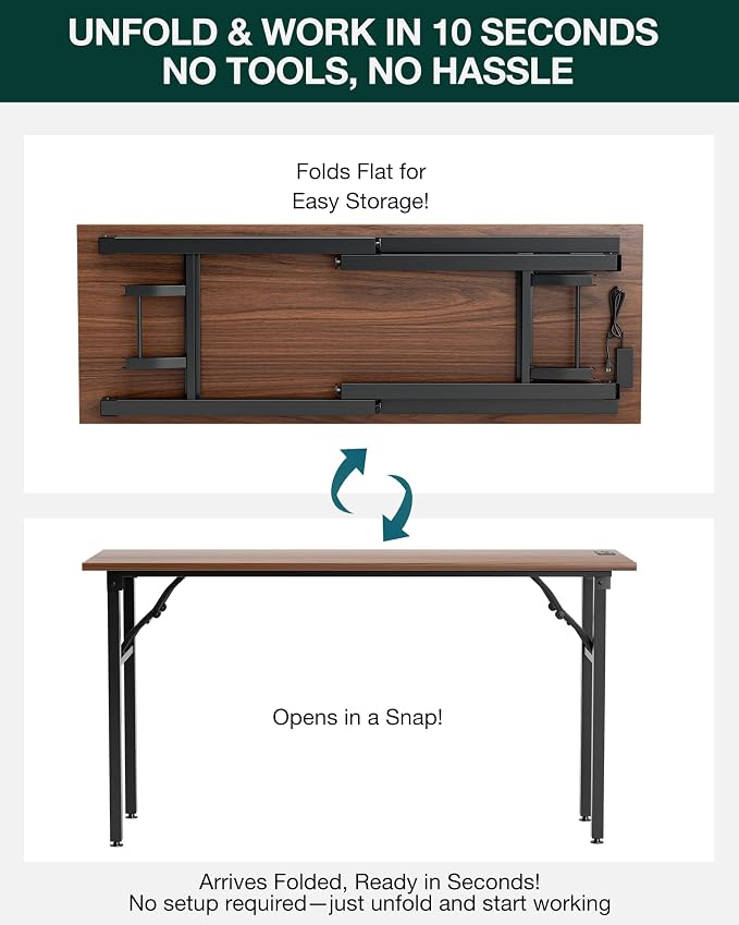 Small Folding Computer Desk – 55.1 Inch Portable Table for Craft and Study, Lightweight Desk for Small Spaces, Foldable Laptop Table Built-in AC/USB Outlets for Convenience, Dark Walnut - Image 3