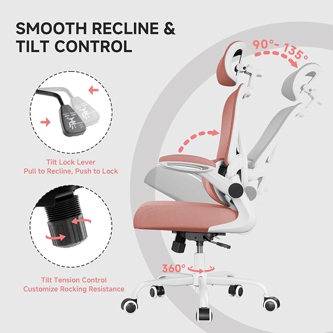 Ergonomic Office Chair, 330LBS Desk Chair with 3-Level Lumbar Support & Headrest, Breathable Mesh Backrest, Flip-Up Armrests for Home Office and Gaming, Pink - Image 6