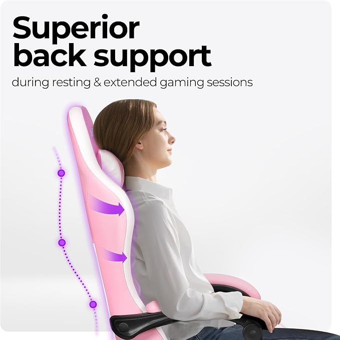 N-GEN GAMING Gaming Chair with Footrest, Lumbar, High-Back, Pink White | Reclining Backrest, Linkage Armrests, Durable PU Leather, Adjustable Comfort for Extended Computer, Desk, or Home Office Use - Image 5