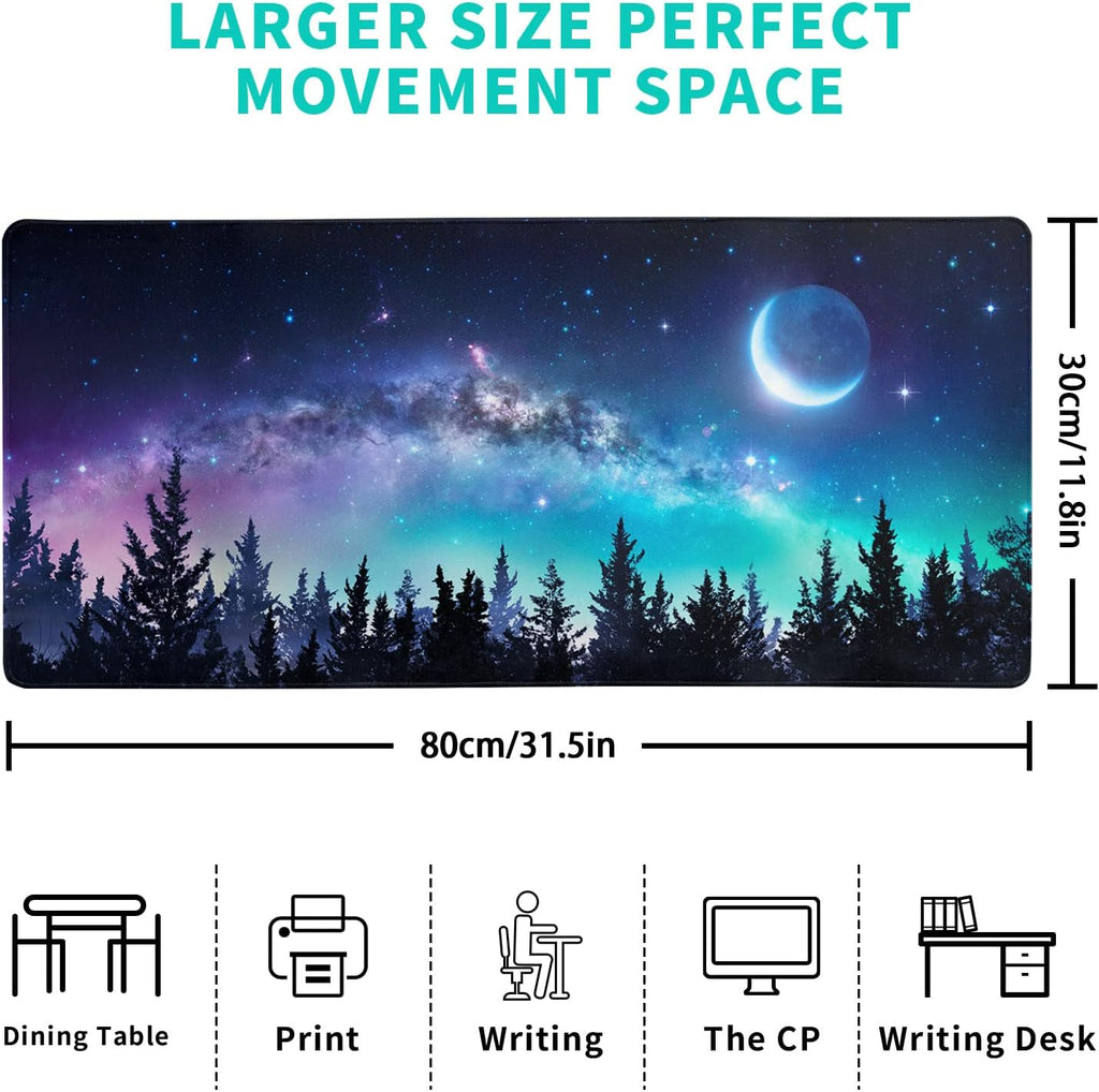 Extended Gaming Mouse Pad, XL Large Keyboard Mouse Mat Desk Pad, Stitched Edges Mousepad, 3mm Thick Long Non-Slip Rubber Base Mice Pad, 31.5 X 11.8 Inch, Forest Moon Galaxy - Image 2