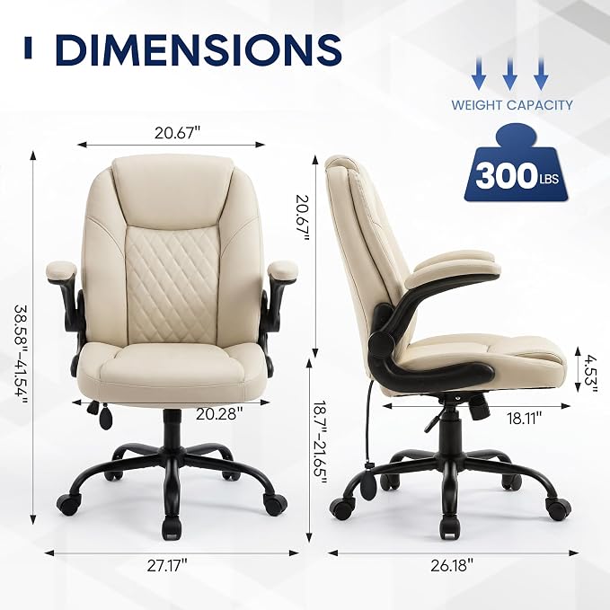 MALOL Leather Office Chair, Computer Desk Chair with Adjustable Lumbar Support, Thick Cushion, Flip-Up Arms and Ergonomic Back, Comfy Executive Office Chair for Home Office Gaming,Beige - Image 2