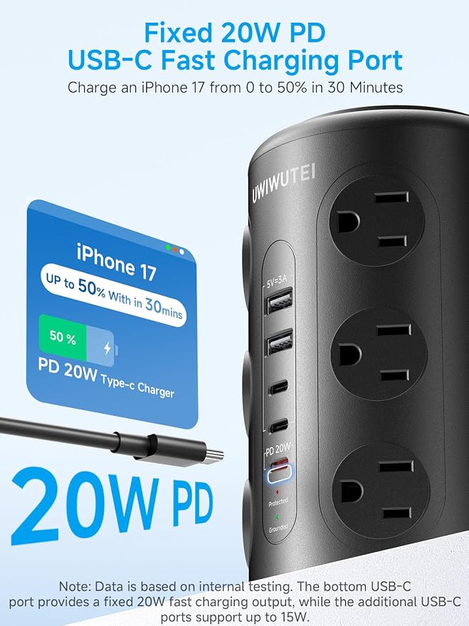 Tower Power Strip with 1 Dedicated PD 20W Fast-Charging Port, 12 Outlets, 5 USB Ports (3 USB-C), Desk Charging Station for Multiple Devices, 6FT Extension Cord（Black - Image 2