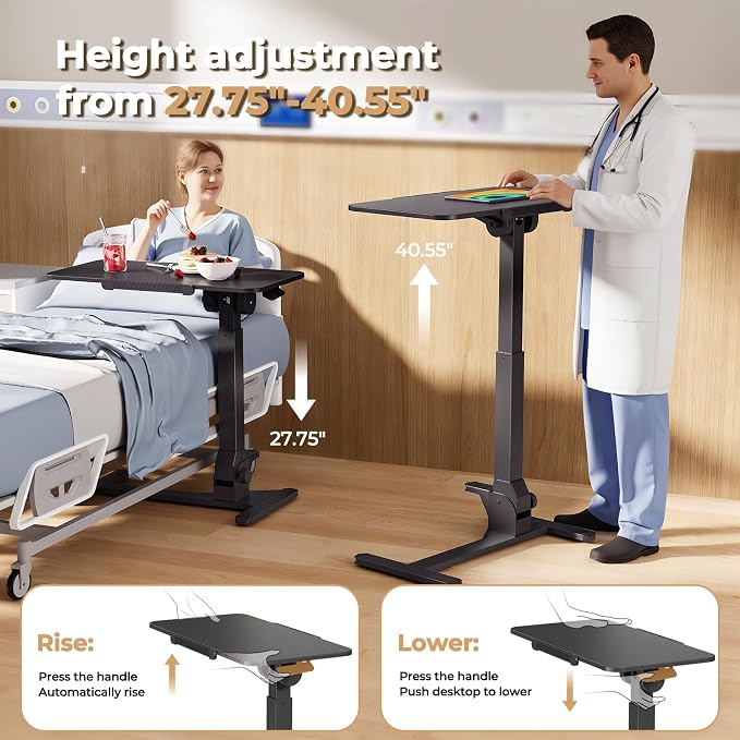 JOY worker Foldable Rolling Standing Desk, 180° Tilt Overbed Bedside Table | Height Adjustable, 31.5" Black MDF Top with Lips, Collapsible Top & Base for Storage, Poratble Mobile Desk for Home Hospital - Image 4