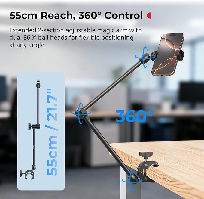 SMALLRIG Desktop Magic Arm Support with Crab-Shaped Clamp Kit, Aluminum Alloy, 24.3x4.5x1.1 in, 0.6lb Payload, for Smartphones, Webcams, Action Cameras, 5624 - Image 3