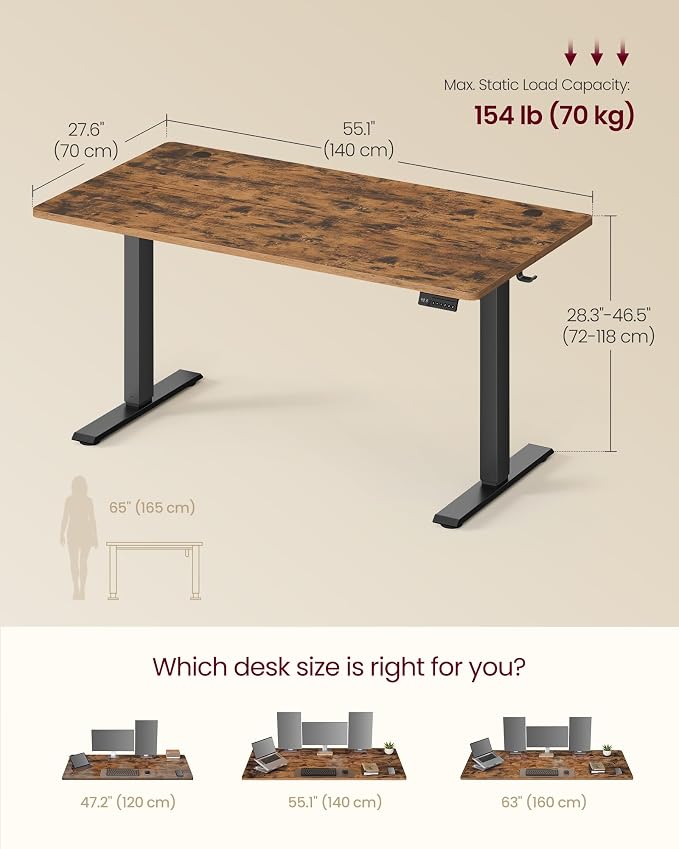VASAGLE Electric Standing Desk, 55.1 x 27.6 Inches Height Adjustable Desk, Sedentary Reminder, 4 Memory Heights, for Home Office, Rustic Brown ULSD315KD020S - Image 3
