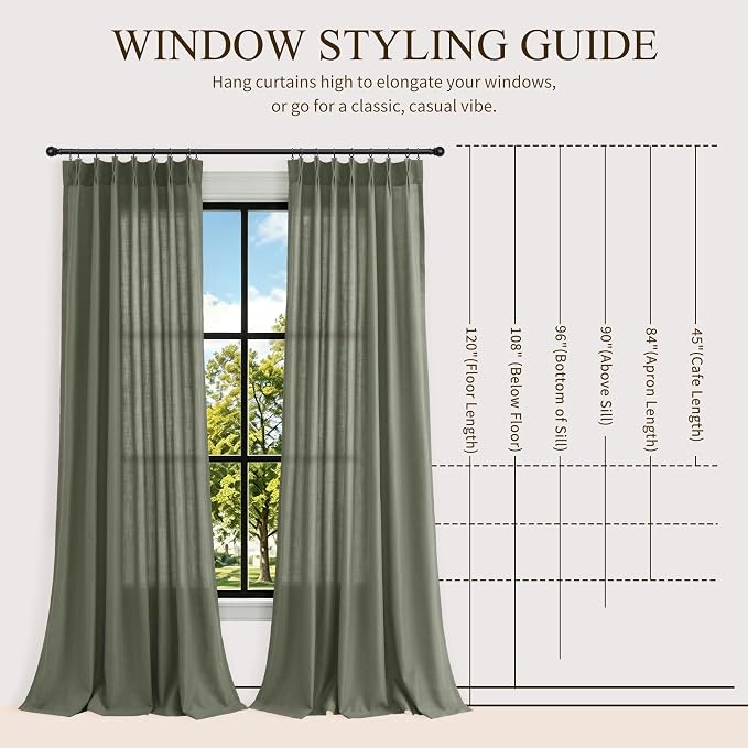 Hokibero Olive Green Pleated Linen Curtains 102 Inch Long for Living Room | Light Filtering Sheer Curtain,Pinch Pleat Back Tab Hooks Rings,Farmhouse Textured Privacy Drapes for Bedroom Window,2 Panels - Image 9