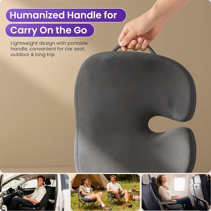 ZZ-WELL Seat Cushions for Office Chairs, Patented Pressure Relief Coccyx Cushion for Tailbone Pain, Memory Foam Butt Pillows for Wheelchair Car Sitting, Carrying Handle, Non-Slip (Grey, Large) - Image 3