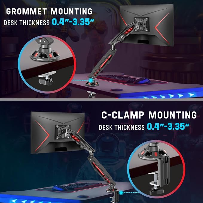 MOUNT PRO Single Gaming Monitor Stand - Mechanical Spring Display Mount, Adjustable Gaming Monitor Arm with C Clamp and Grommet Mounting Base - Fits for Computer Screen up to 32”, VESA 75x75, 100x100 - Image 3