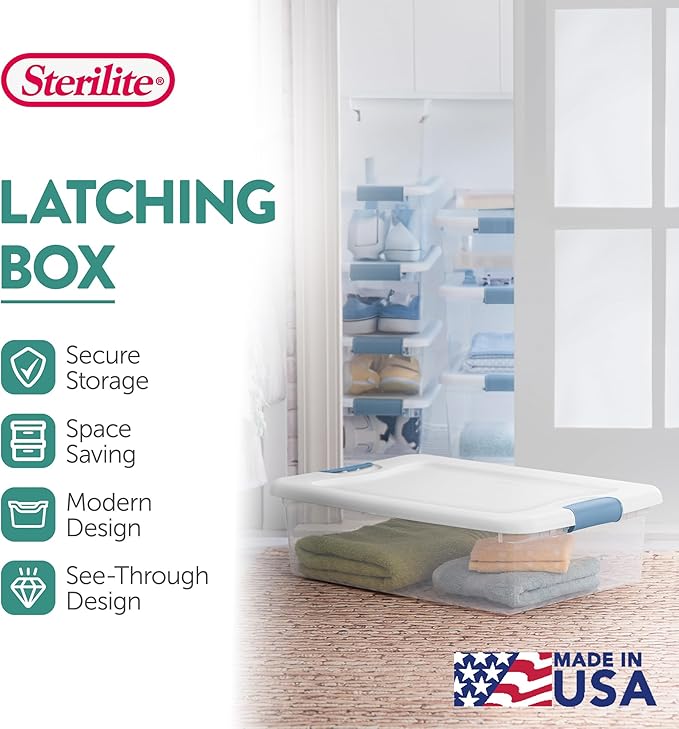 Sterilite Latching Box with Lids for Home and Office, 32 Quart, 18-Pack | Heavy-Duty and Stackable Plastic Containers with Latches for Closet, Cabinet, Bedroom, Bathroom and Dorm Room Organization - Image 3