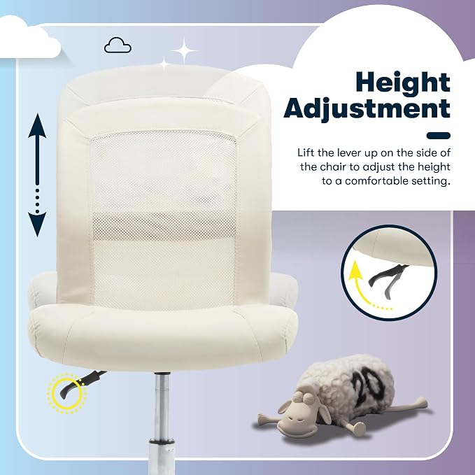 Serta Armless Small Home Desk Chair with Wheel, Ergonomic Mesh Office Chair | Essentials, Leather & Foam Cushioned Seat, Adjustable Height, Bedroom & Small Space Vanity Chair, 360° Swivel, Cream White - Image 7
