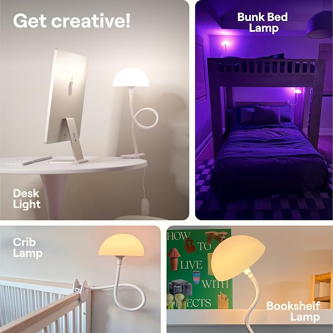 Shroommate Dorm Room Essential Clip On Bed Light - Headboard and Bedside Table Lamp, Flexible Reading Lamp, Night Light for Kids Nursery, Clip on for Desk, MultiColor LEDs, Adapter Included (Black) - Image 5