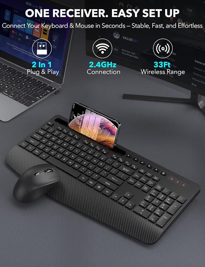 Wireless Keyboard and Mouse Combo - Full-Sized, Ergonomic Wrist Rest | Phone Holder, Sleep Mode, 2.4G Quiet Keyboard for PC Laptop, Trueque KM23 Complete Work Setup for Office or Home - Image 4
