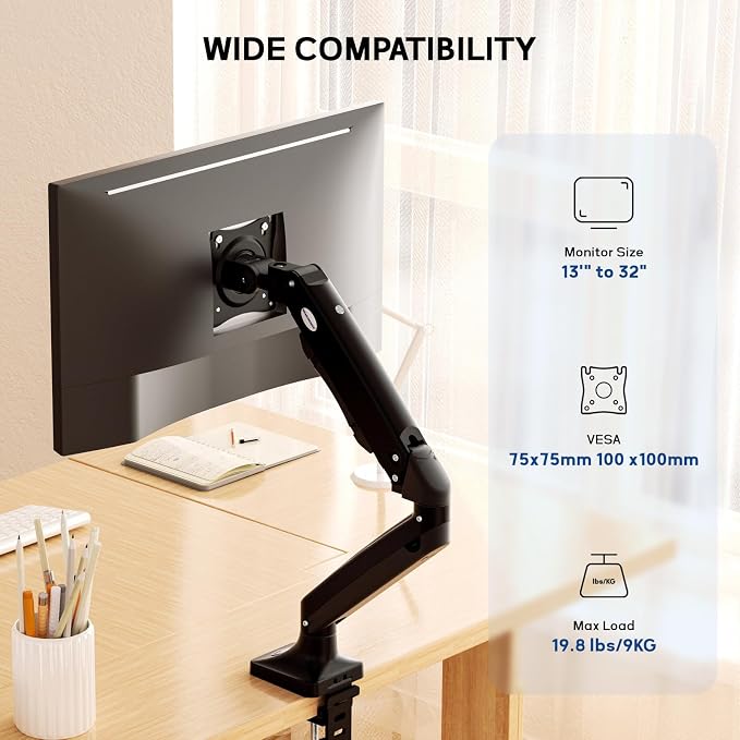 MEASUREMAN Premium Gas Spring Monitor Desk Mount, Full Motion Articulating Single Arm for Ergonomic Height Adjustment | Fits 17 to 35 Inch Screens up to 22 lbs, VESA 75x75 & 100x100mm - Image 2