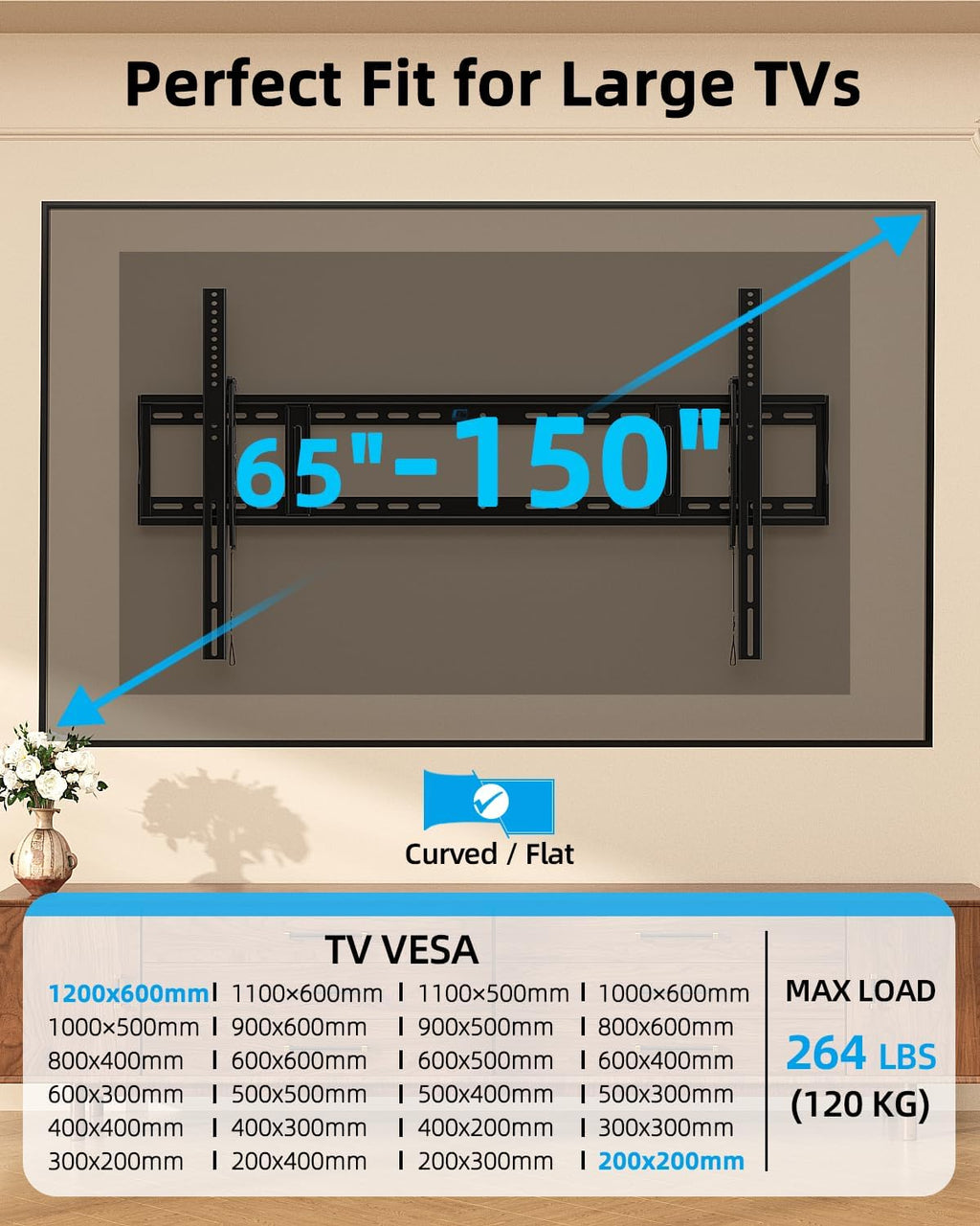 HOME VISION Heavy Duty Tilting TV Wall Mount for 65-150" TVs to 264 lbs - Image 2