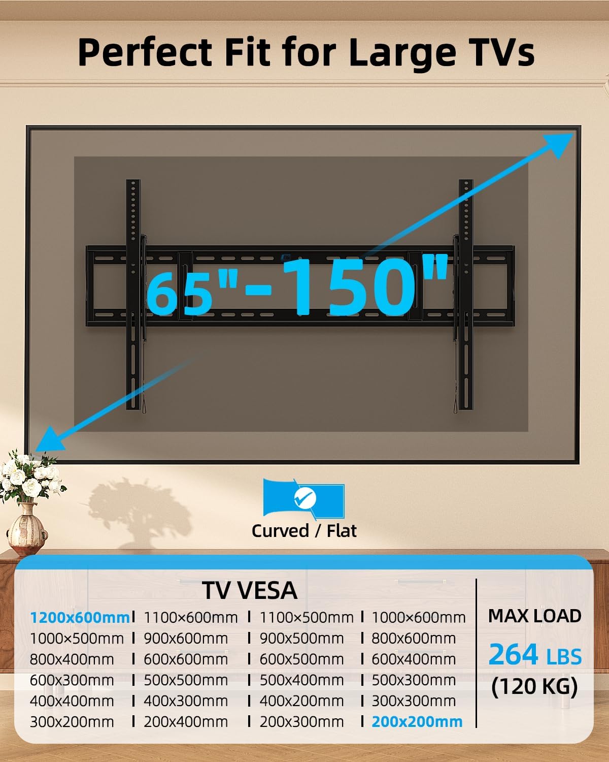 HOME VISION Heavy Duty Tilting TV Wall Mount for 65-150" TVs to 264 lbs - Image 2