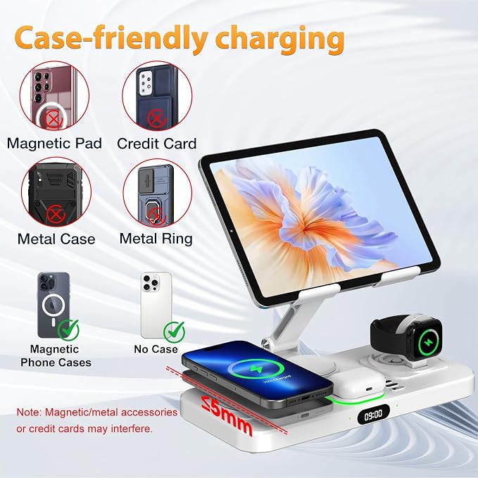 Wireless Charging Station for Apple Devices, Only for Apple Watch Charging | Included Type-C Cable for Tablet Charging, Foldable Wireless Charging Station, 7 Cycling Ambient Lights, Time Clock Display - Image 9