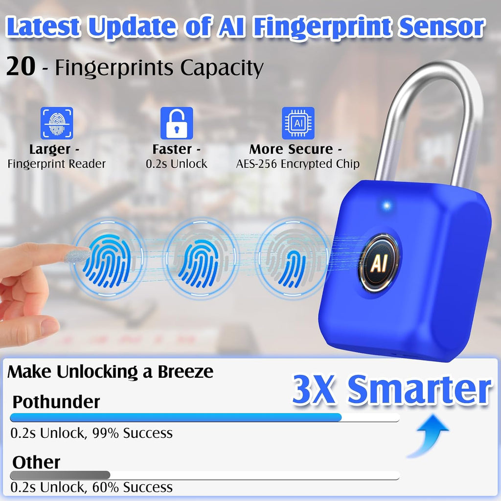Fingerprint Padlock, Smart Padlock, Locker Lock, Fingerprint Lock with APP Unlock, USB Rechargeable, Suitable for Gym Locker, Locker(Sapphire Blue) - Image 3