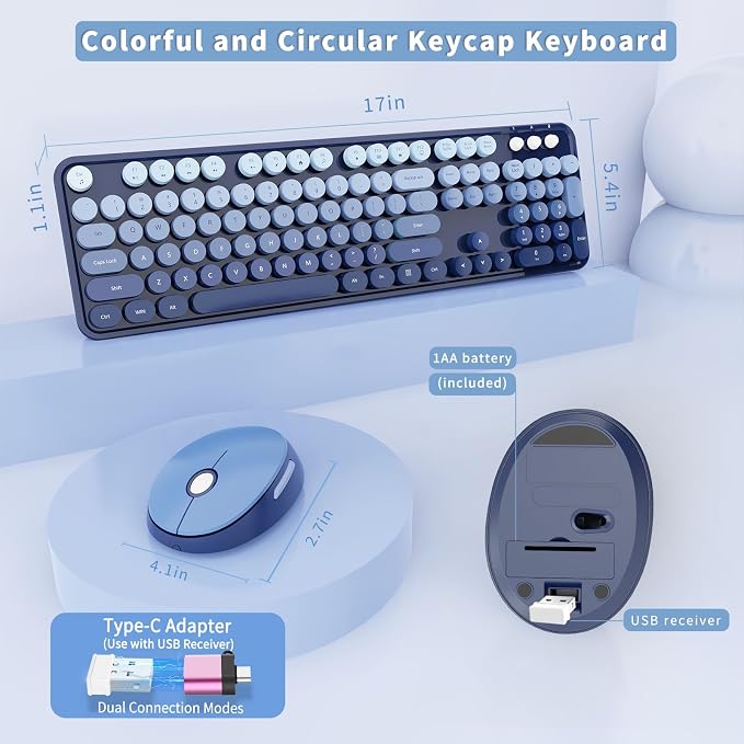 Wireless Keyboard and Mouse Combo, Ergonomic Full Size Typewriter Retro Round Keycaps Keyboard, Compatible with Windows, PC, Perfer for Home and Office Keyboards (Twilight Blue - Image 5