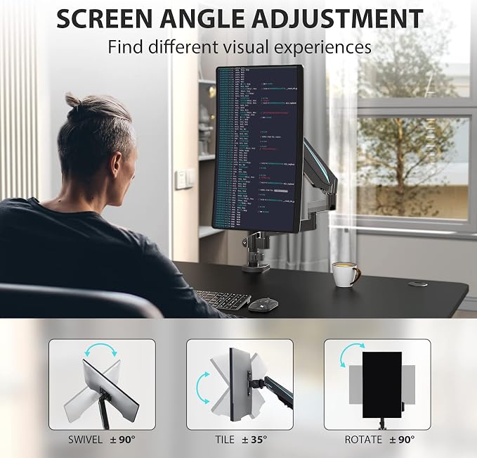 EUREKA ERGONOMIC Single Monitor Desk Mount, Adjustable Gas Spring Monitor Arm for LCD PC Screen 13-32 inch, Max 17.6 LBS, Computer Monitor Stand W C Clamp & Grommet Base, VESA 75x75mm,100x100mm, Black - Image 6