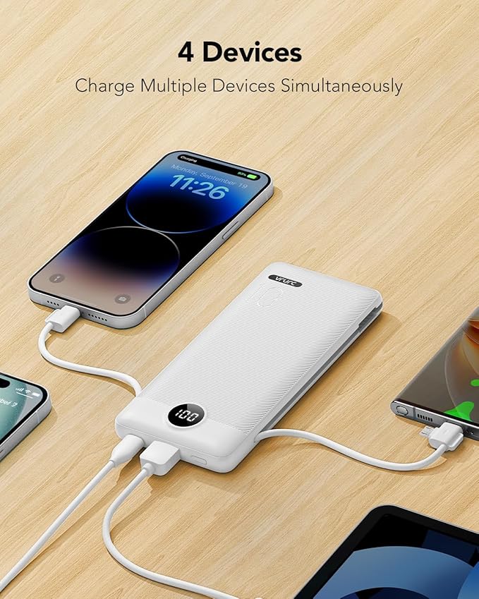 VRURC Portable Charger, Power Bank Built-in Cables and AC Wall Plug | USB C Power Bank 10000mAh Travel Essentials Phone Charger Compact External Battery Pack For Smart Phones, Tablets etc-White - Image 4