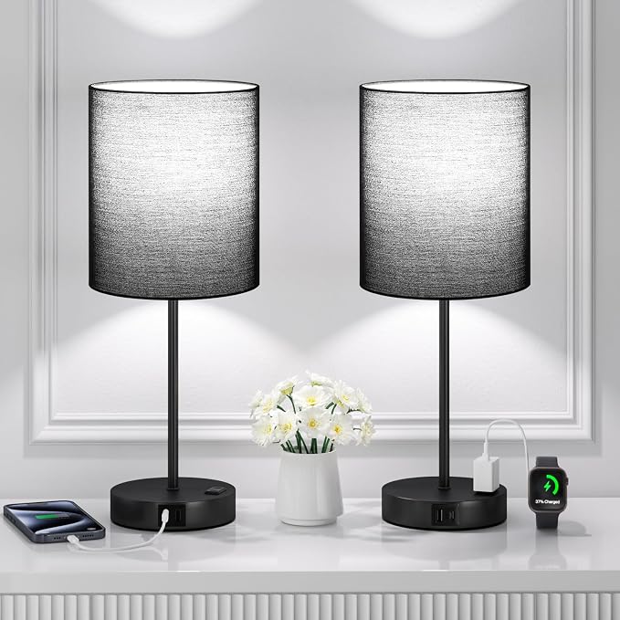 17.6" Black Touch Lamps for Bedroom Set of 2 - Dimmable, USB C+A, AC Outlet | Large 17.6" Tall Lamp, 3-Way Dimming, 5000K Daylight Bulbs, Black Lampshade Black Base, for Living Room, Boys, Men, Girls - Image 8